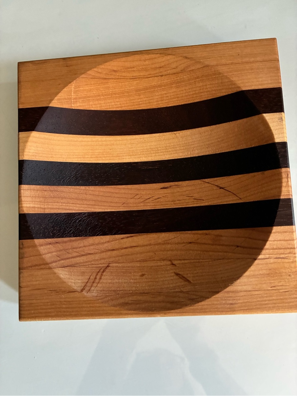 Hand-Carved Wooden Decorative Bowl with  Inlay Stripes Modern Minimalist Decor